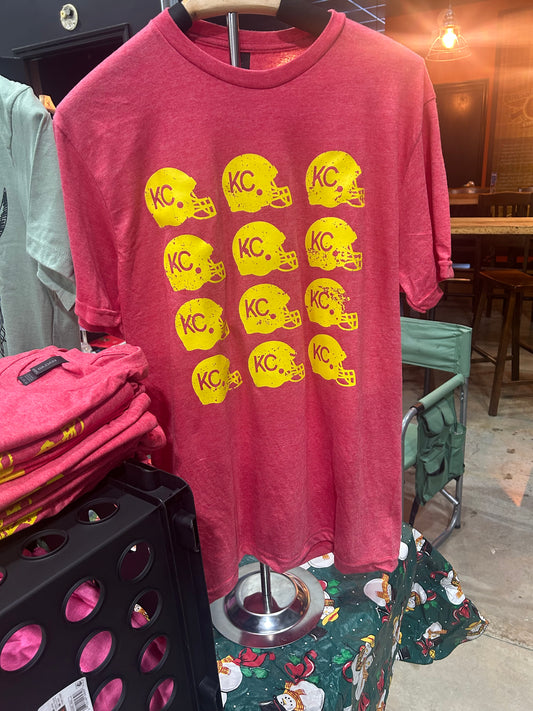 Gildan heather red with yellow helmets