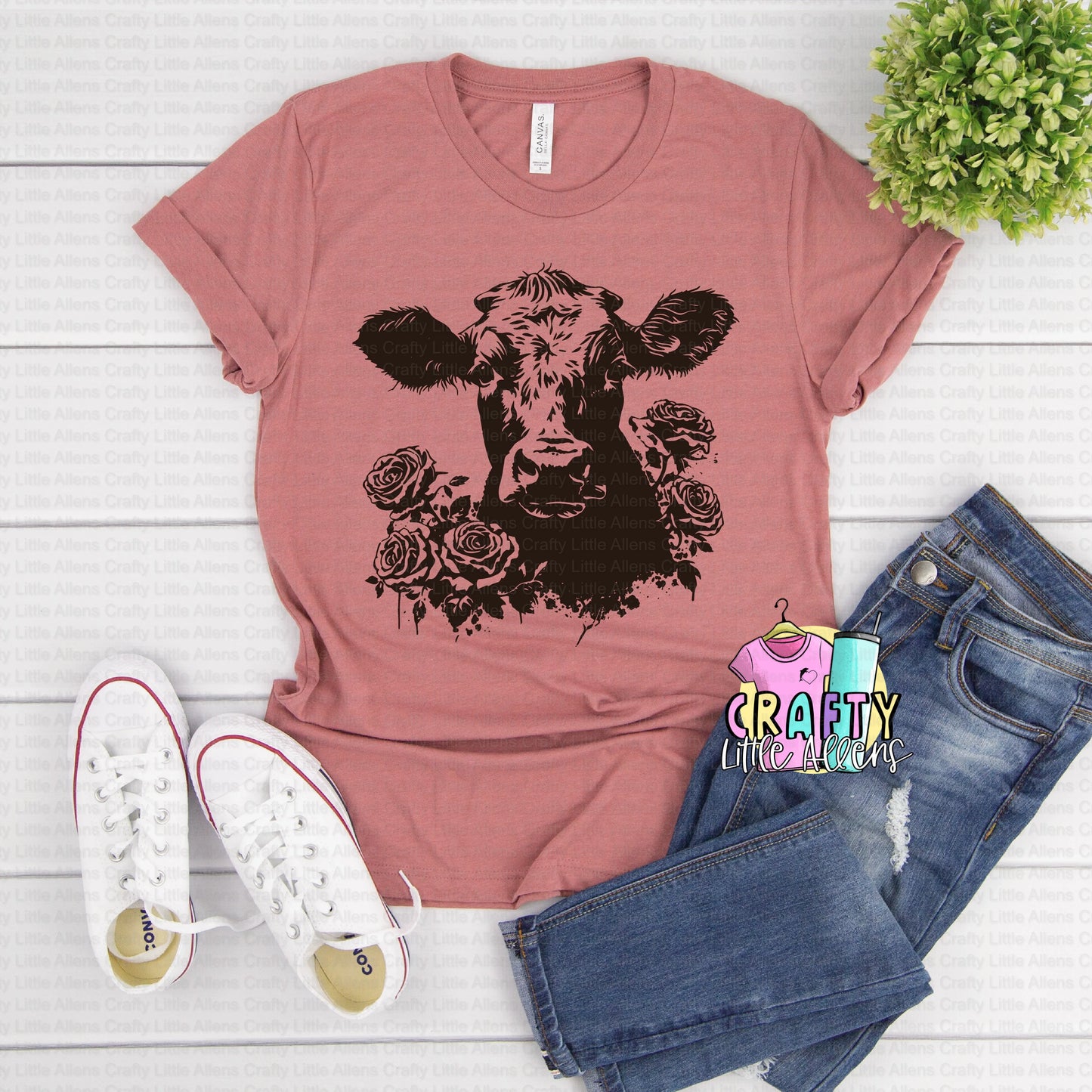 Cow and roses